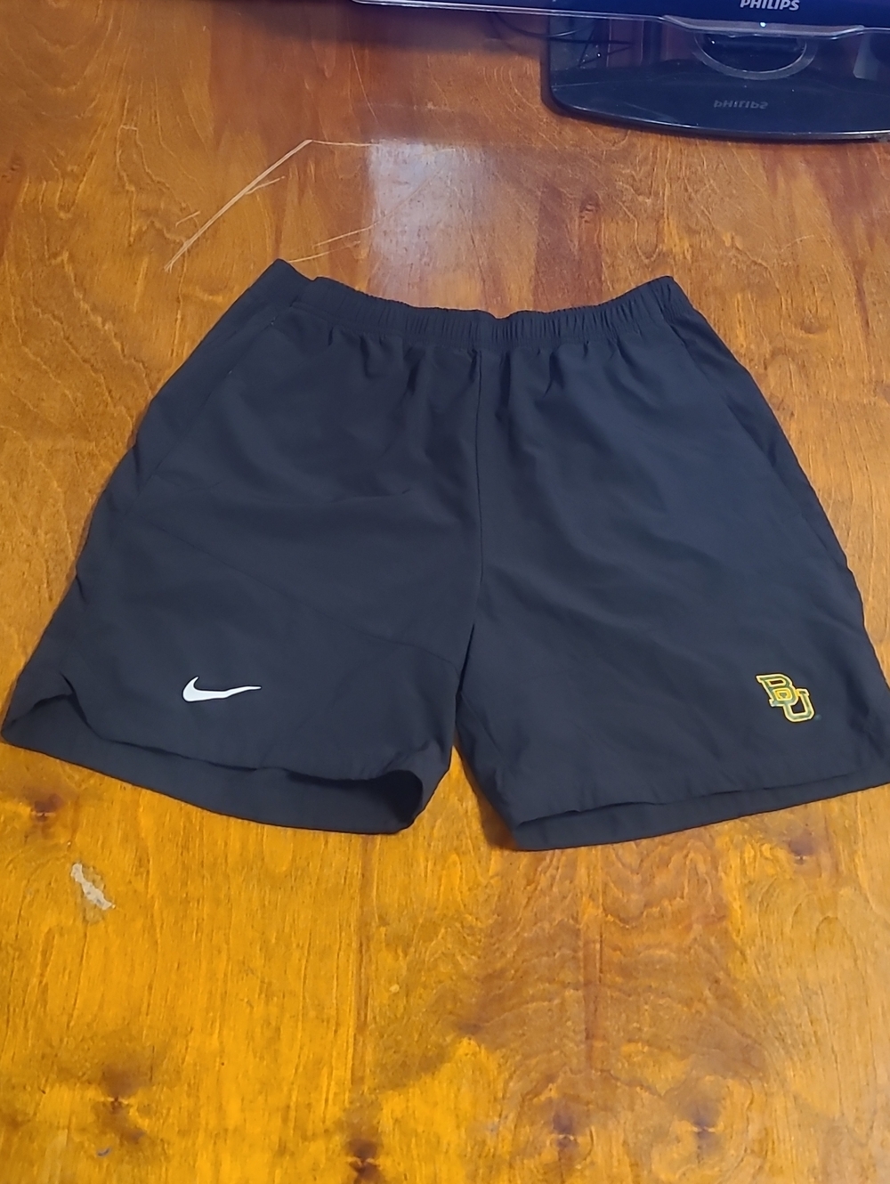 Nike Men’s Baylor Black Athletic Shorts with White Swoosh and Green/Yellow Logo